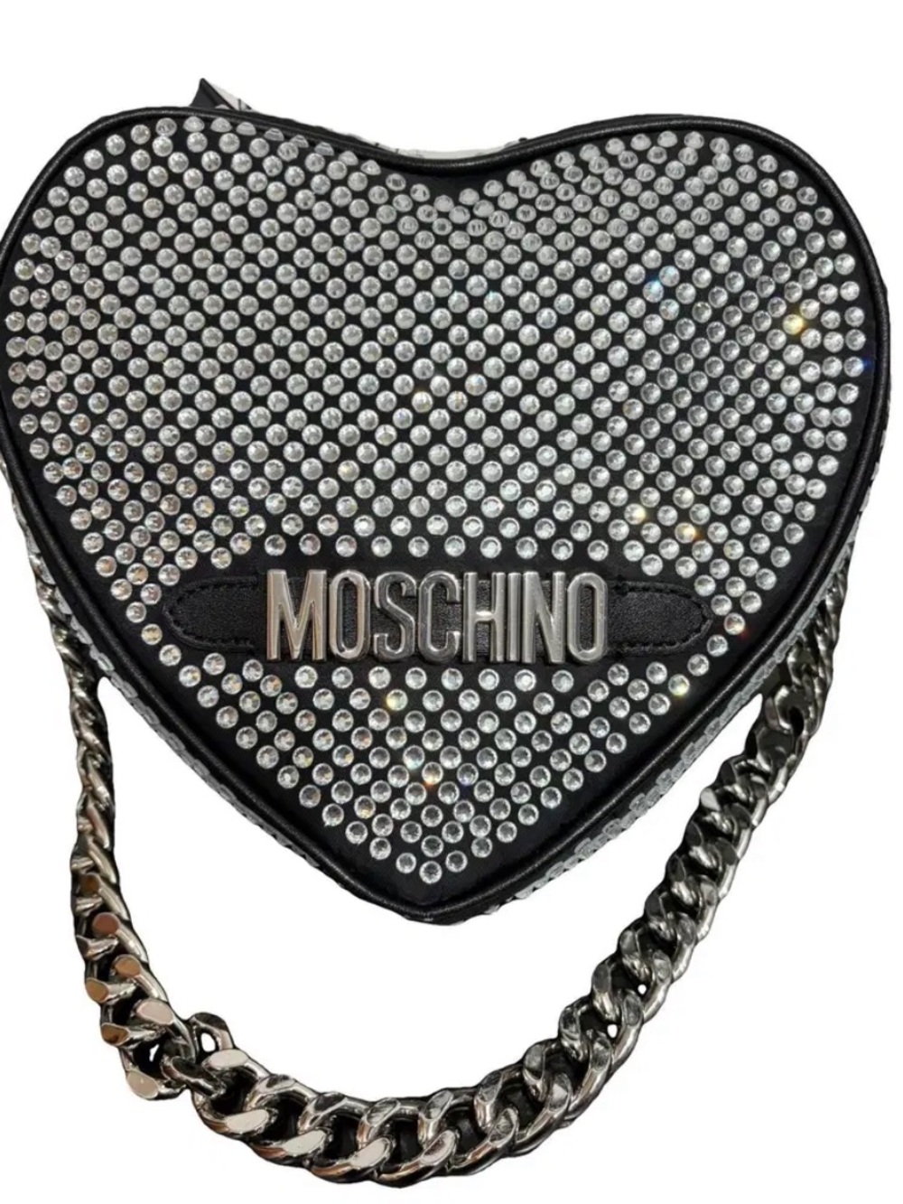 Moschino Black Crystal Heart Crossbody Bag with Silver Chain